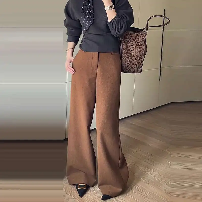 Autumn and Winter New High-waist Slim Woolen Straight-leg Pants for Women in Caramel Color, Suitable for Everyday and Workwear
