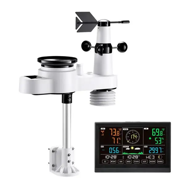 

5-in-1 Wi-Fi Weather Station, 7.5' VA Display, Solar Powered Outdoor Sensor for Temperature, Humidity, Wind, Rainfall