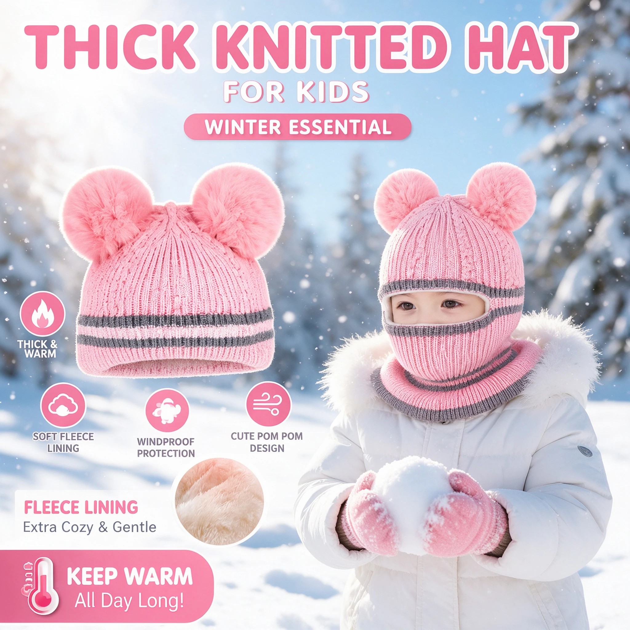 Thick Knitted Winter Hats Kids 2 5 Years Children Fleece Lining Girl Pom Beanie Grey Black Fleece Lined Warm