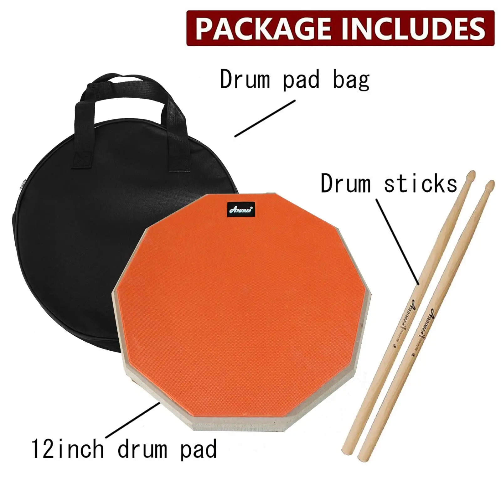 Arborea Practice Drum Pad Set Dumb Rubber Pad with 5A Drumsticks and Carrying Bag For Daily Practice and Performance