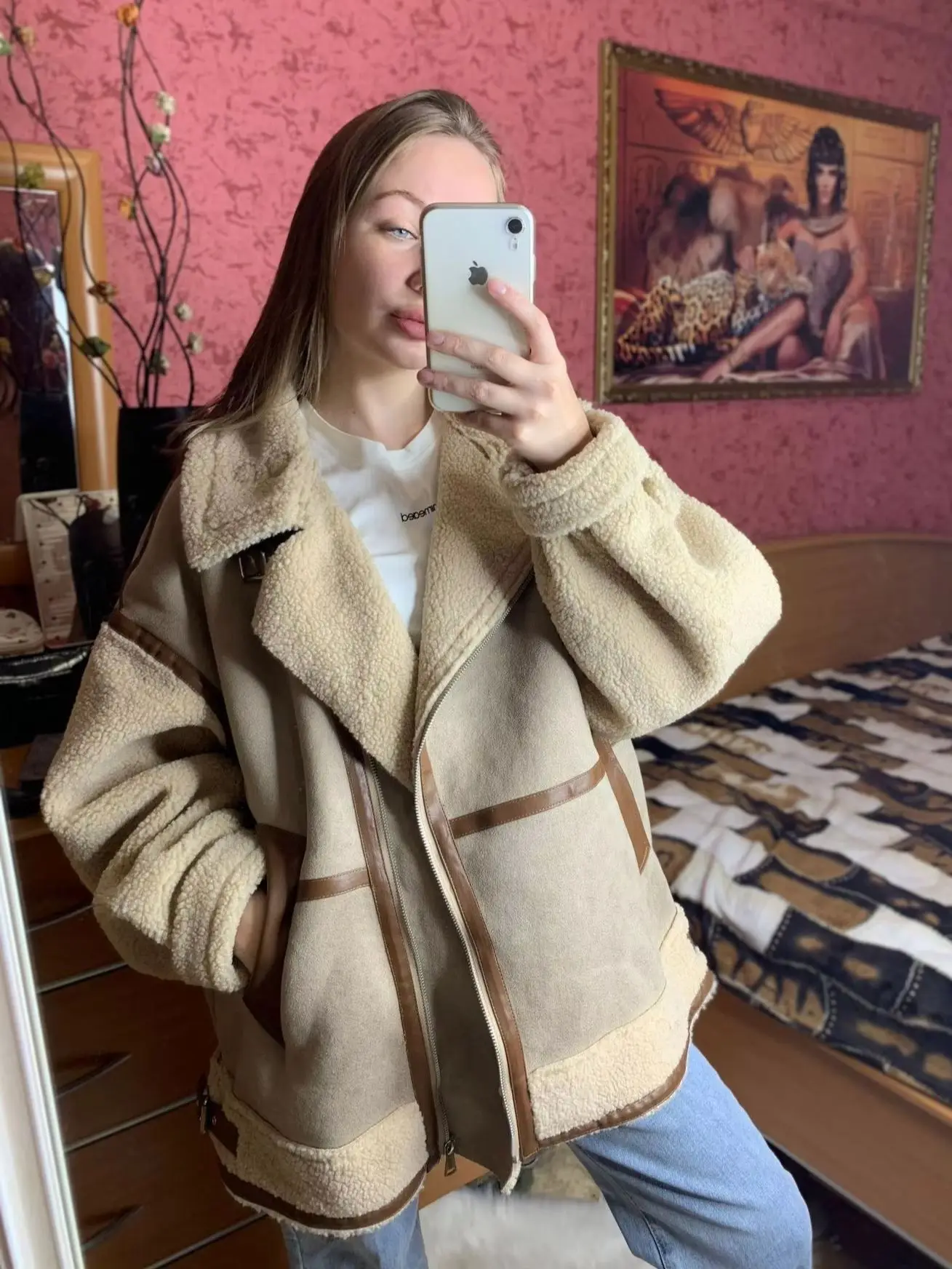 Winter New Loose Suede Collar Patchwork Fleece Lined Thickened Brown Cashmere Coat Women's Jacket Full Sleeve Polyester Fiber