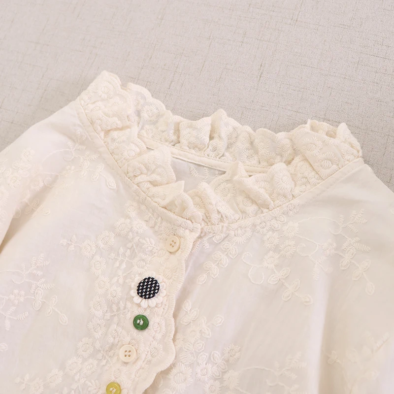 Mori Kei Clothing Embroidery 100% Cotton Shirts Women Spring New Stand Collar Long Sleeve Solid Color Casual Loose Blouse Tops