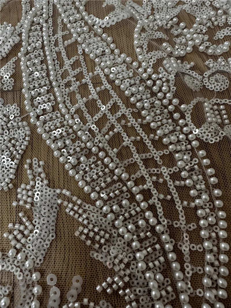 Gorgeous Heavy Beads High Quality Beaded Sequins Pearls white lace fabric embroidered for wedding dresses Sell By  Yard