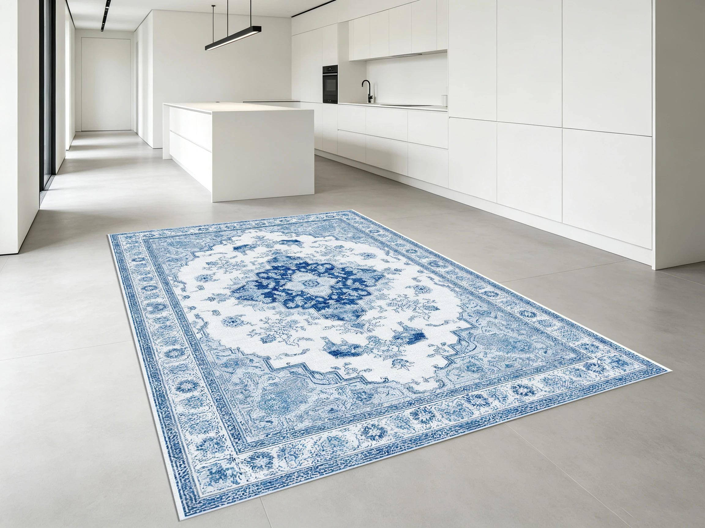 Blue & White European Retro Pattern 2D Rug, Soft & Skin-Friendly, Suitable for Living Room & Bedroom, Enhances the Space