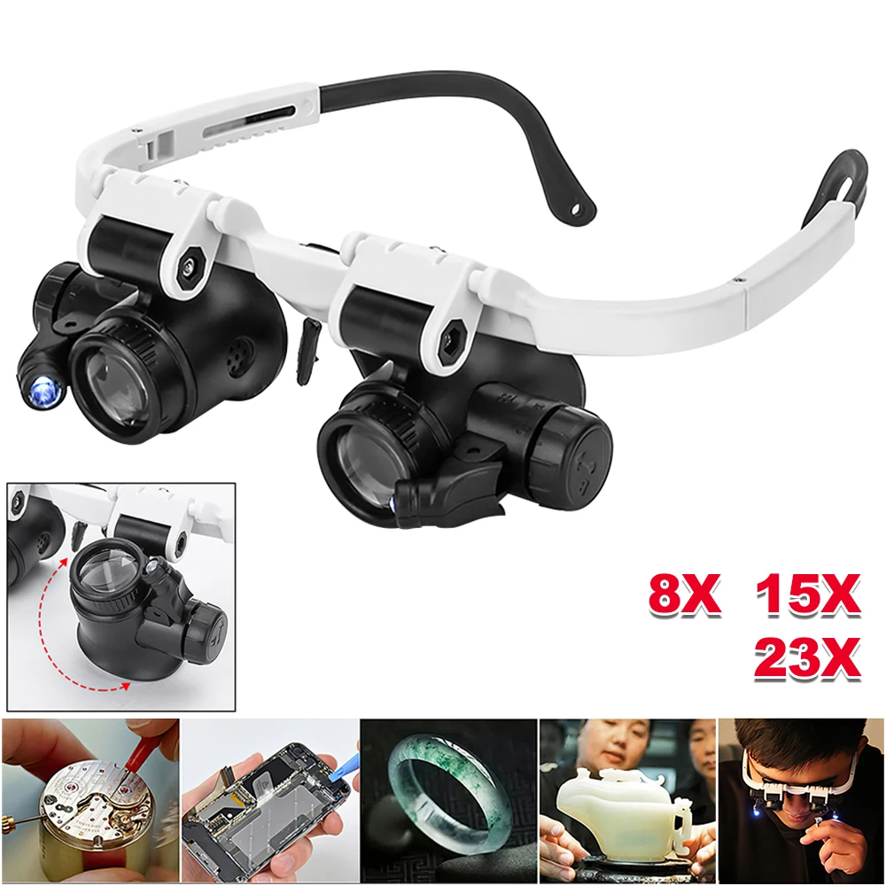 Head-Mounted Illuminating Magnifying Glass 8X 15X 23X Magnifier Loupe LED Lights Glasses for Watch Repair Jewelry Appraisal