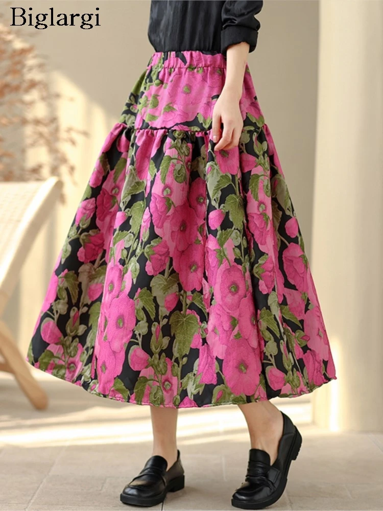 

Spring New Fashion Oversized Elastic High Waist Skirt Women Flower Print Casual Ladies Skirts pleated Loose Woman A Line Skirt