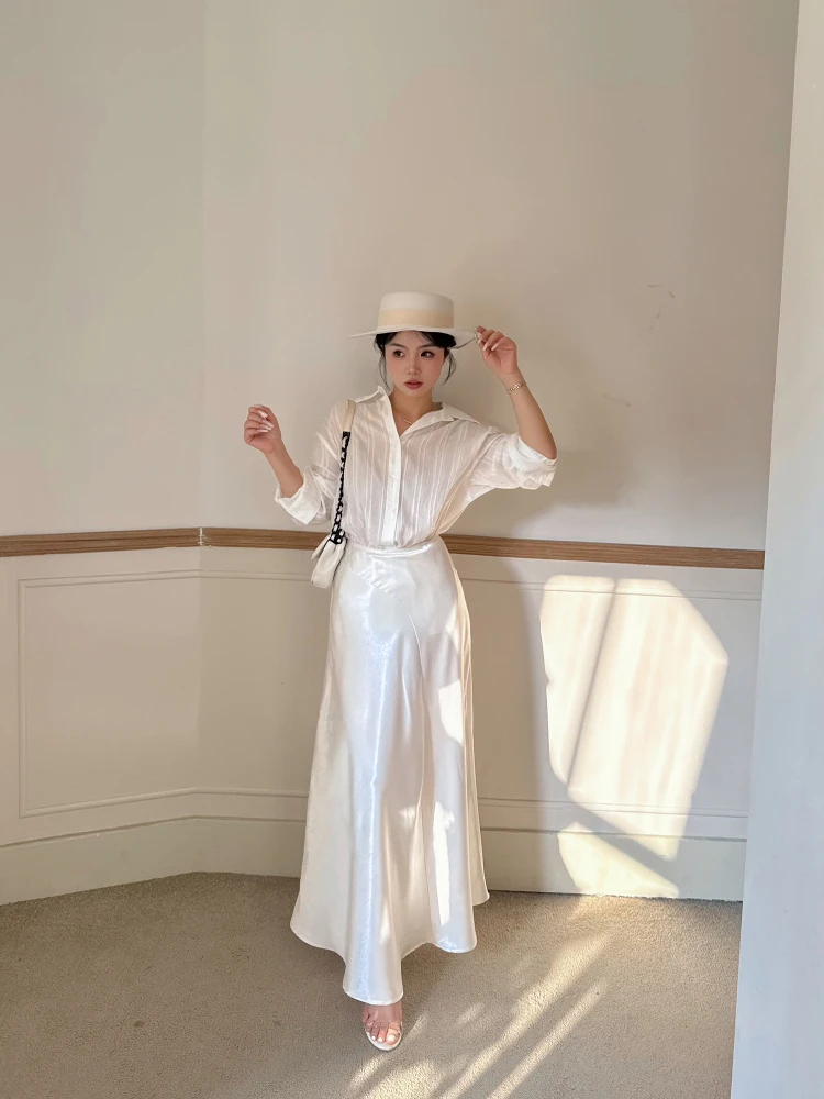 

High Waist Draped Feel Acetate Satin Skirt Women's Spring Summer Slimming Fi Tail Skirt off White f Body Skirt