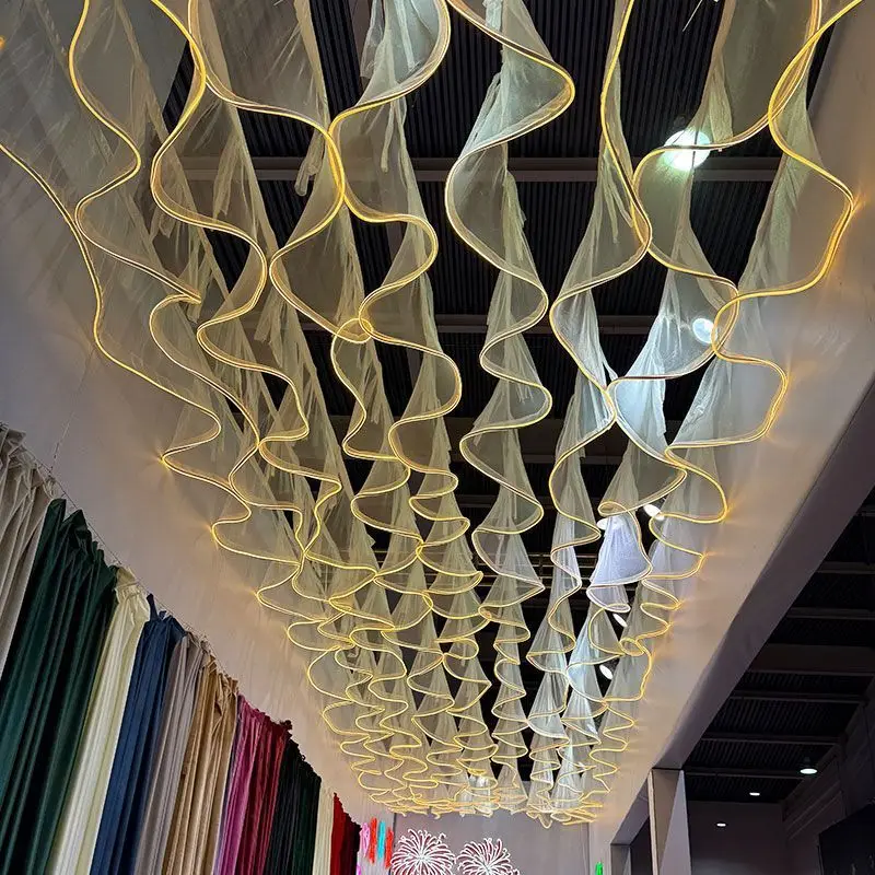 

New Styles White Ceiling Decoration Wave Gauze Curtain With Lights String For Wedding Christmas Event Site Layout Props