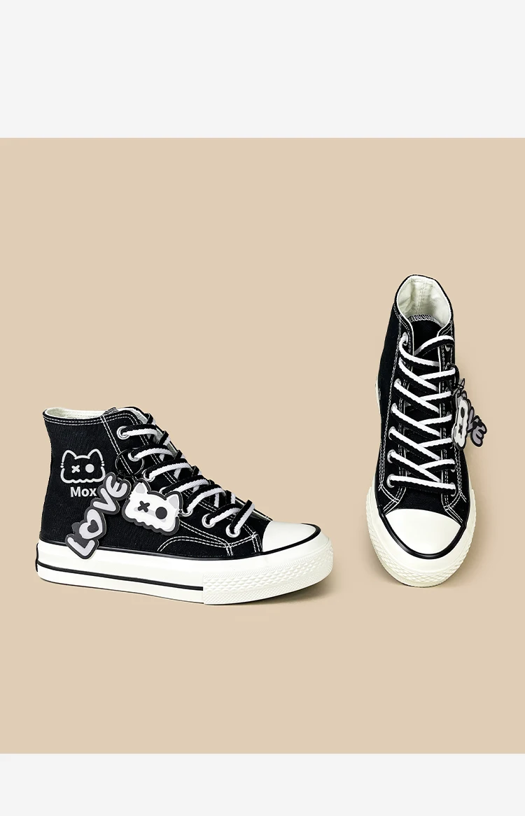 Amy und Michael Damen-Sneaker mit niedlichem Cartoon-Katzen-Charm, hohe Canvas-Schuhe, schwarze Schnür-Sneaker, Y2K Kawaii Mädchen-Freizeitschuhe – Detail 11