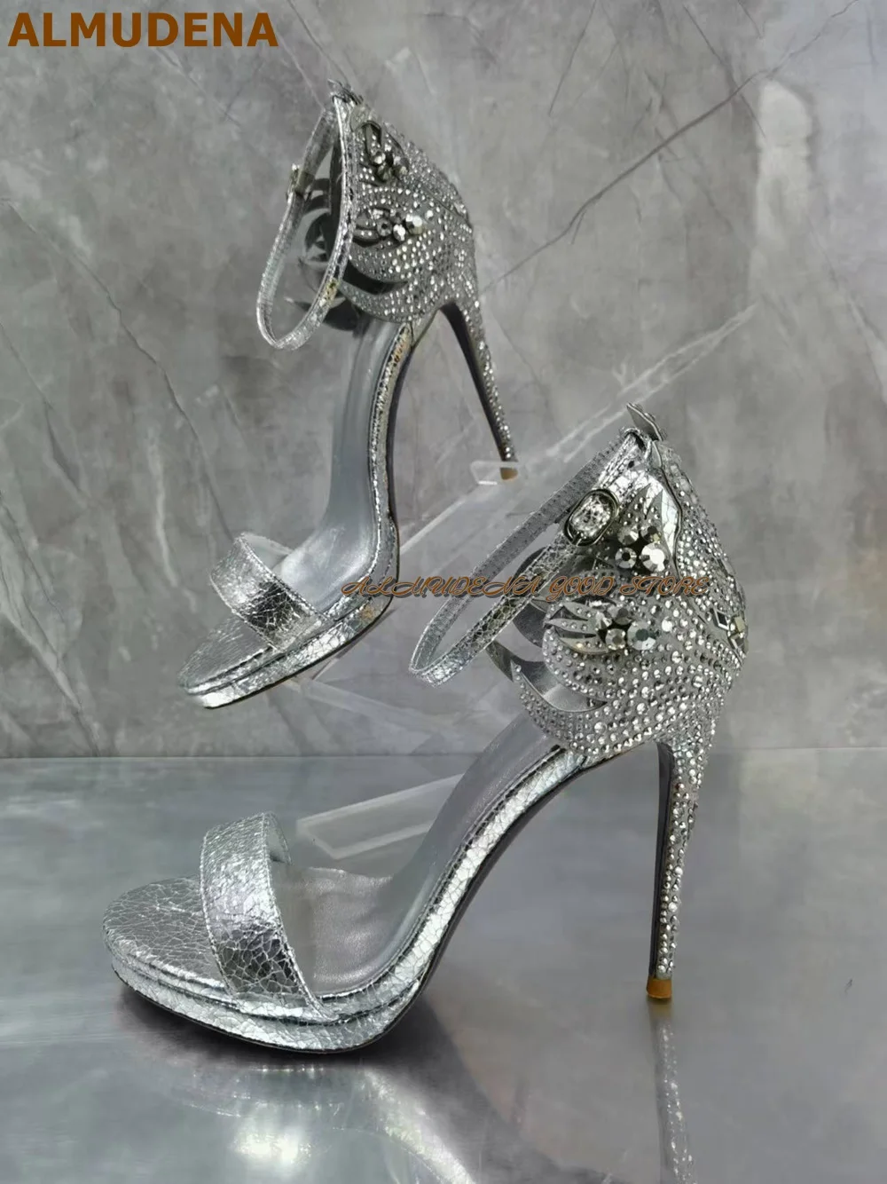 ALMUDENA Silver Red Bling Bling Crystal High Heel Sandals Wing Shaped Rhinestone Stilettos Wedding Pumps Snakeskin Band Heels