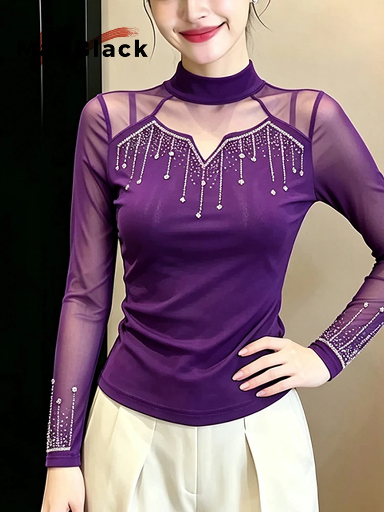 MadBlack-Women European T-Shirt, Sexy Stand Hot Diamond, Clubwear Long Sleeve Slim Mesh Sheer M-3XL Tee, 2026 Autumn T69170CC