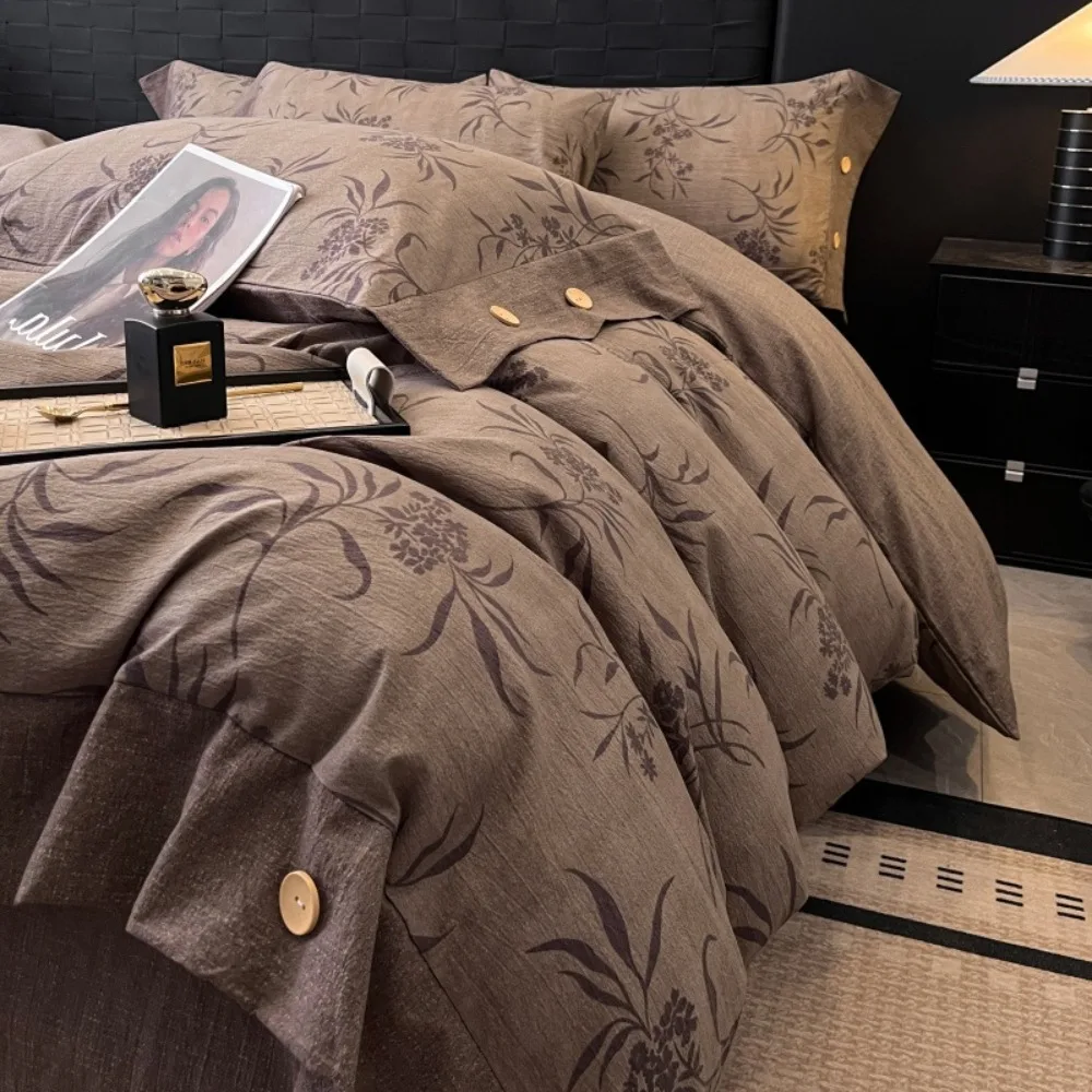 Class A Imitation Linen Vintage Floral Printed Bedding Set Button Quilt Cover Flat/Fitted Bed Sheet Pillowcases for Four Seasons