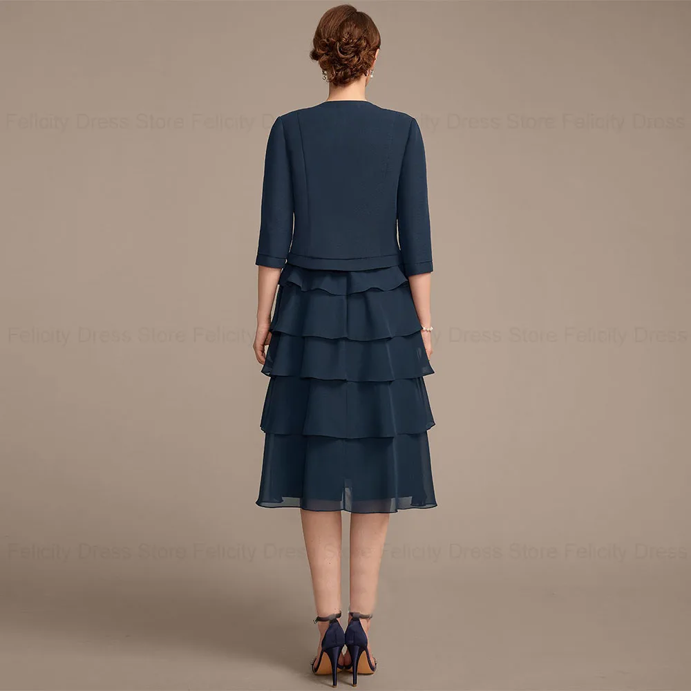 FELICITY Dark Navy Chiffon Lace Two Piece Mother of the Bride Dress 2024 A-line Scoop Short Elegant Wedding Guest Party Dresses