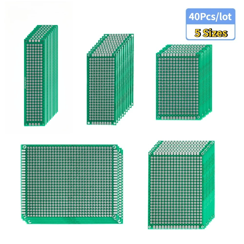 

40pcs 2x8 3x7 4x6 5x7 7x9cm Double Sided PCB Prototype Board Kit 5 Sizes Universal Printed Circuit Protoboard for DIY Electronic