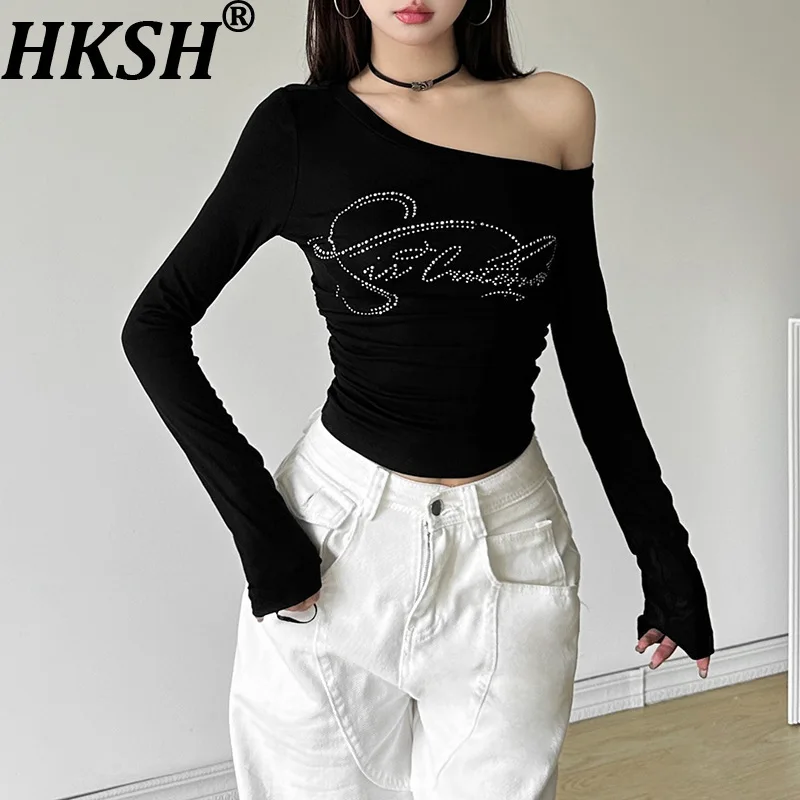 

HKSH Autumn New Women Sexy T-shirt Asymmetric Off-Shoulder Waist Cinching Slim Fit Studded Diamonds Streetwear Chic Tops HK12253