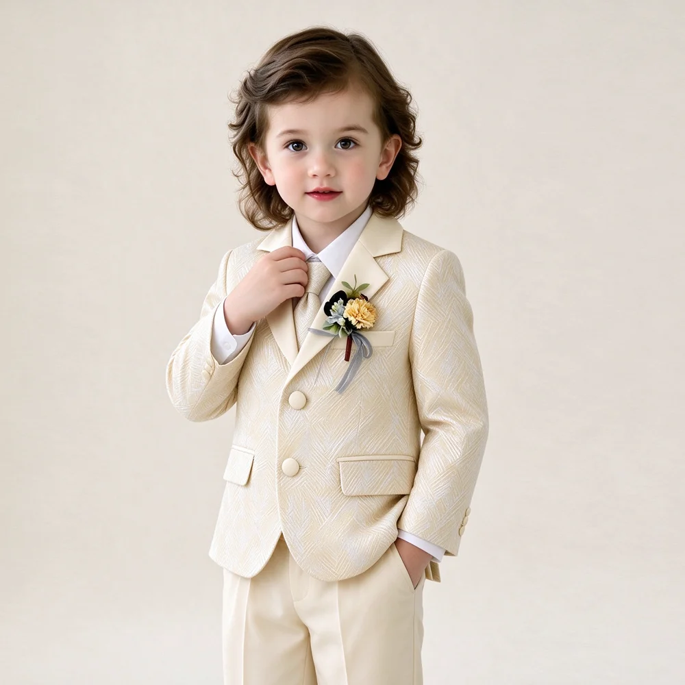 Kids Gentleman 4 Pieces Suit Set Jacquard Pattern Blazer Waistcoat Trousers Tie Boys Formal Tuxedo for Wedding Birthday Party