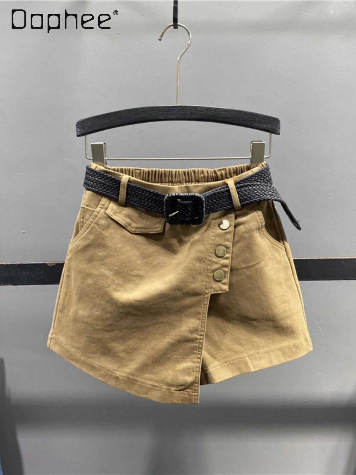 Khaki Black Denim Skirts Women Irregular High Elastic Waist A Line Jeans Mini Skirts Street Casual Vintage Slim Shorts With Belt for vivo x100 pro denim texture flip leather phone case khaki