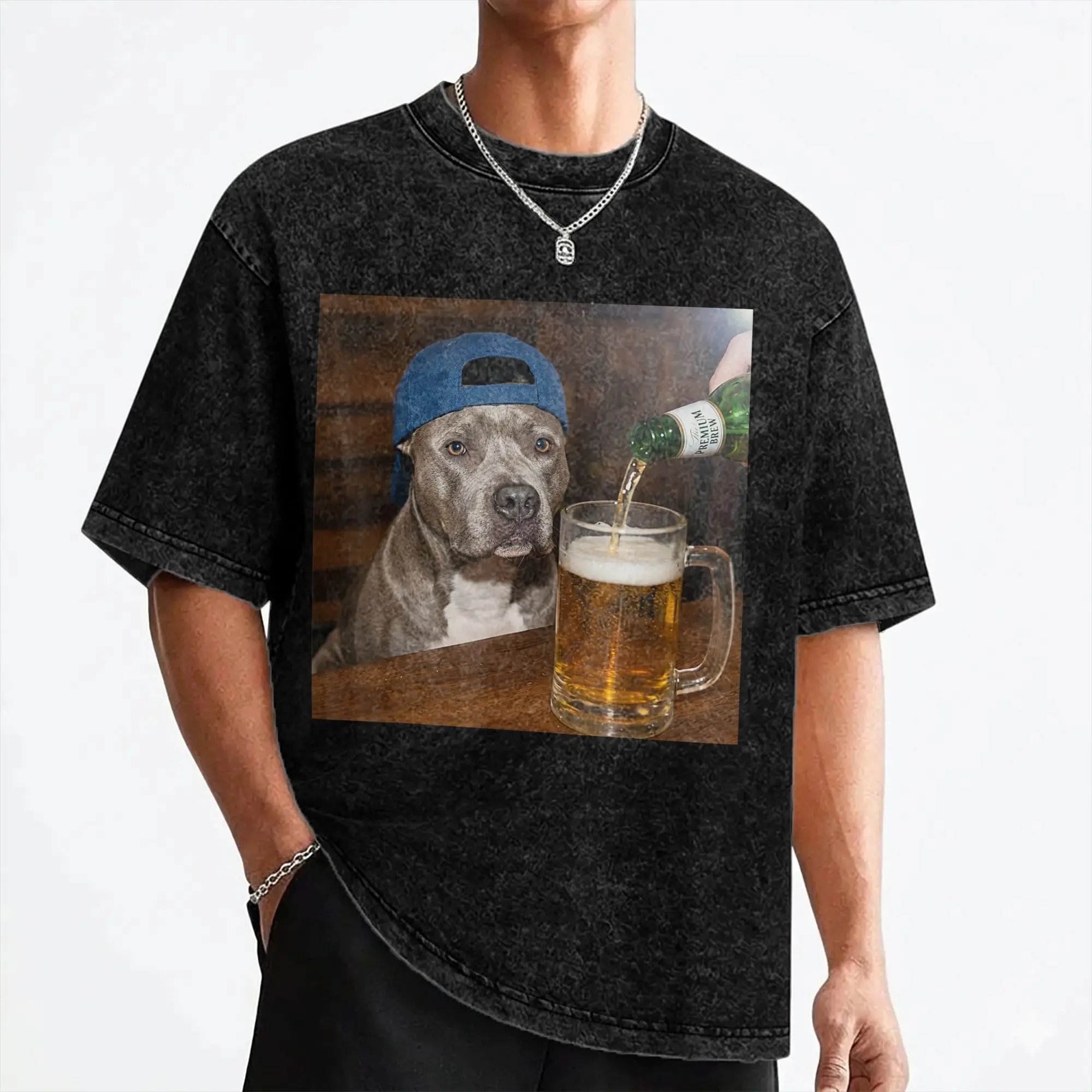 

Pit Bull Drinking Beer Funny Dog T Shirt Hip Hop Washed Cotton Oversize T-Shirts Vintage Men Women Tops Streetwear Tee Shirt