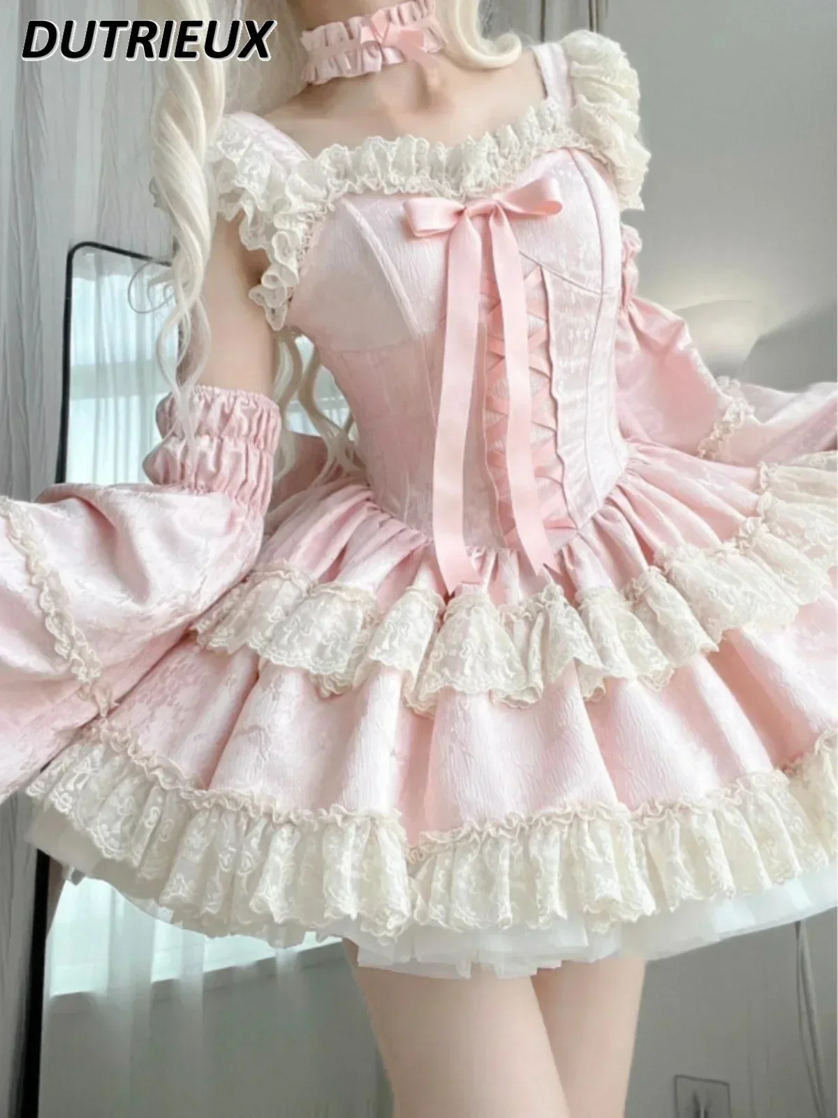 Lolita Sweet Princess High Waist Lace Y2k Dress Summer Pink Cute Girly Ruffle Edge Party Puff Short Dresses and Sleeves