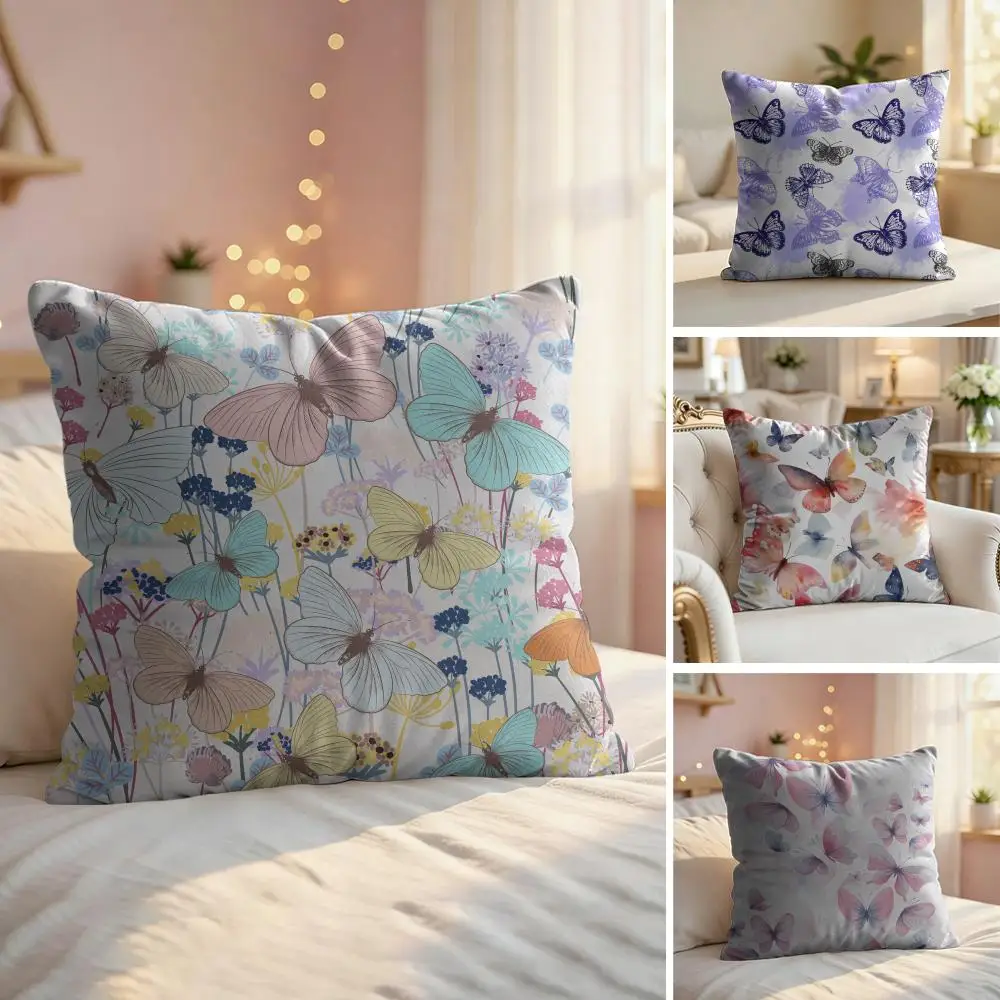 Watercolor Butterfly Pattern Cushion Cover Soft Short Plush Pillow Cover Smooth Cozy Texture Aesthetic Cushion Case Home Decor