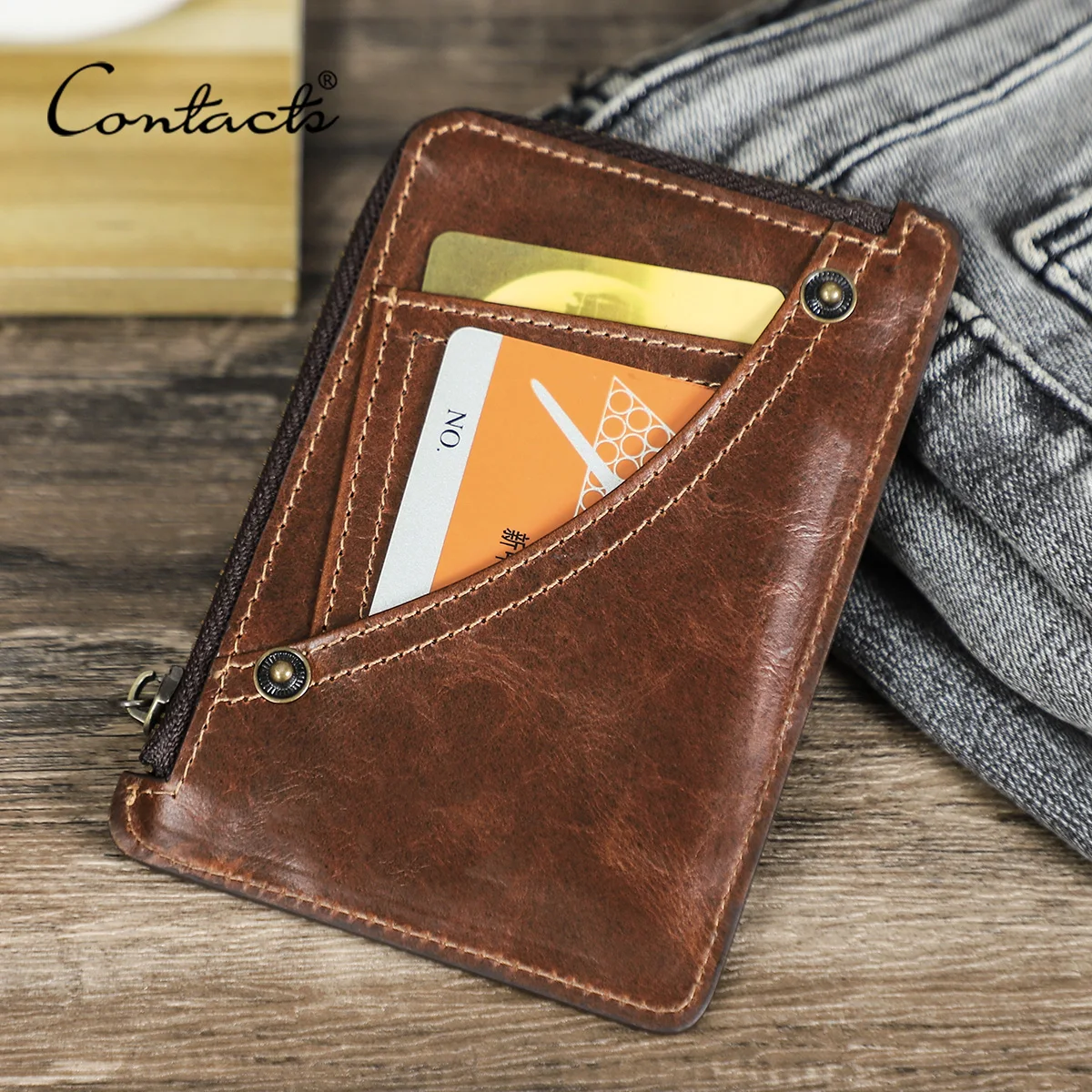 CONTACT'S Genuine Leather Card Wallets for Men Full Grain Leather Card Holder Zipper Coin Purse Male Pocket Wallets Men's Bags