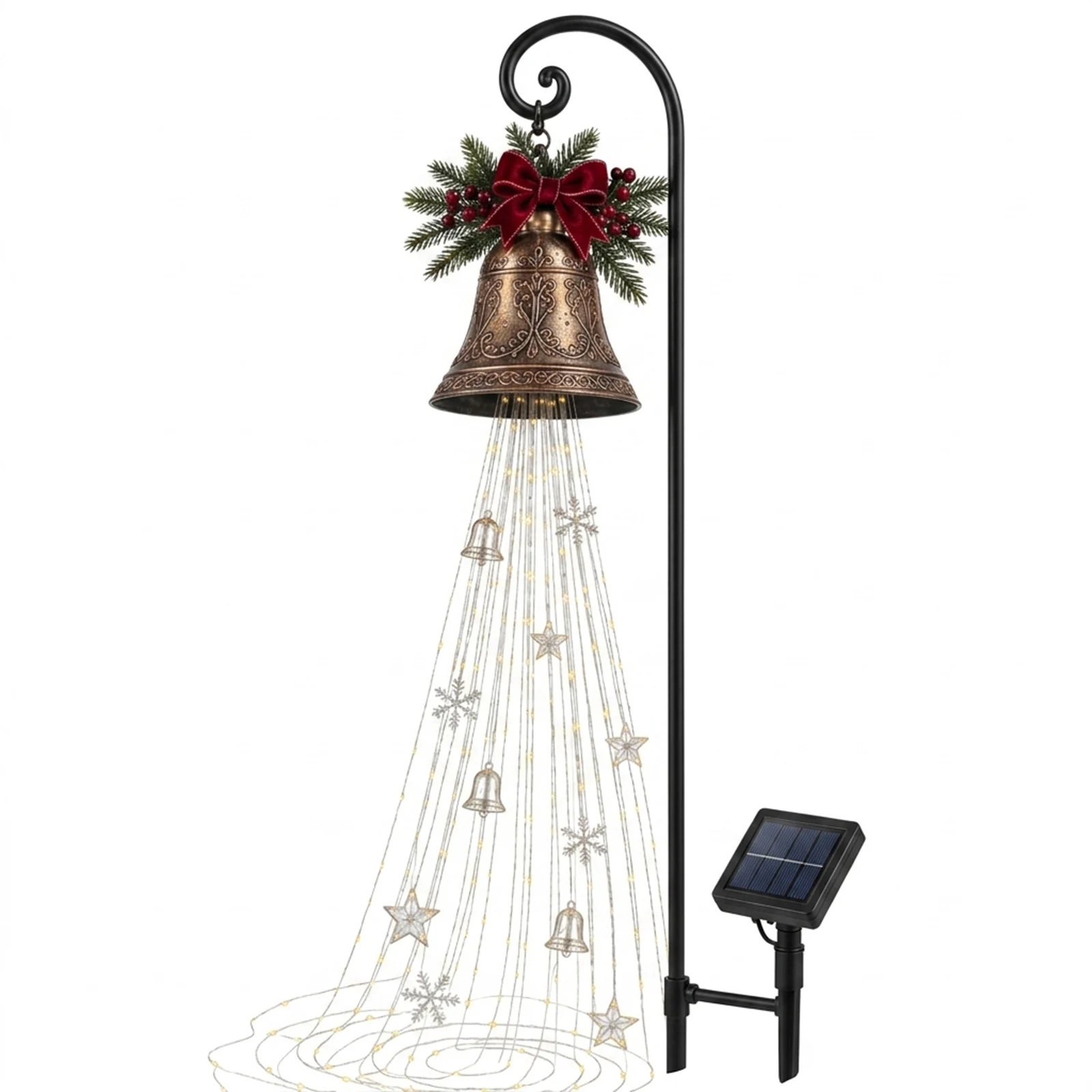 1PC Christmas Bell Waterfall Light Festive Resin Solar Powered Lamp for Garden Yard Outdoor Holiday Patio Decoration