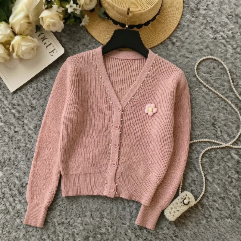 Winter Women V‑Neck Flower Knit Cardigan Elastic Pearl Trim Long Sleeve Cropped Sweater Coat Sweet Ladies Outerwear Jacket Tops