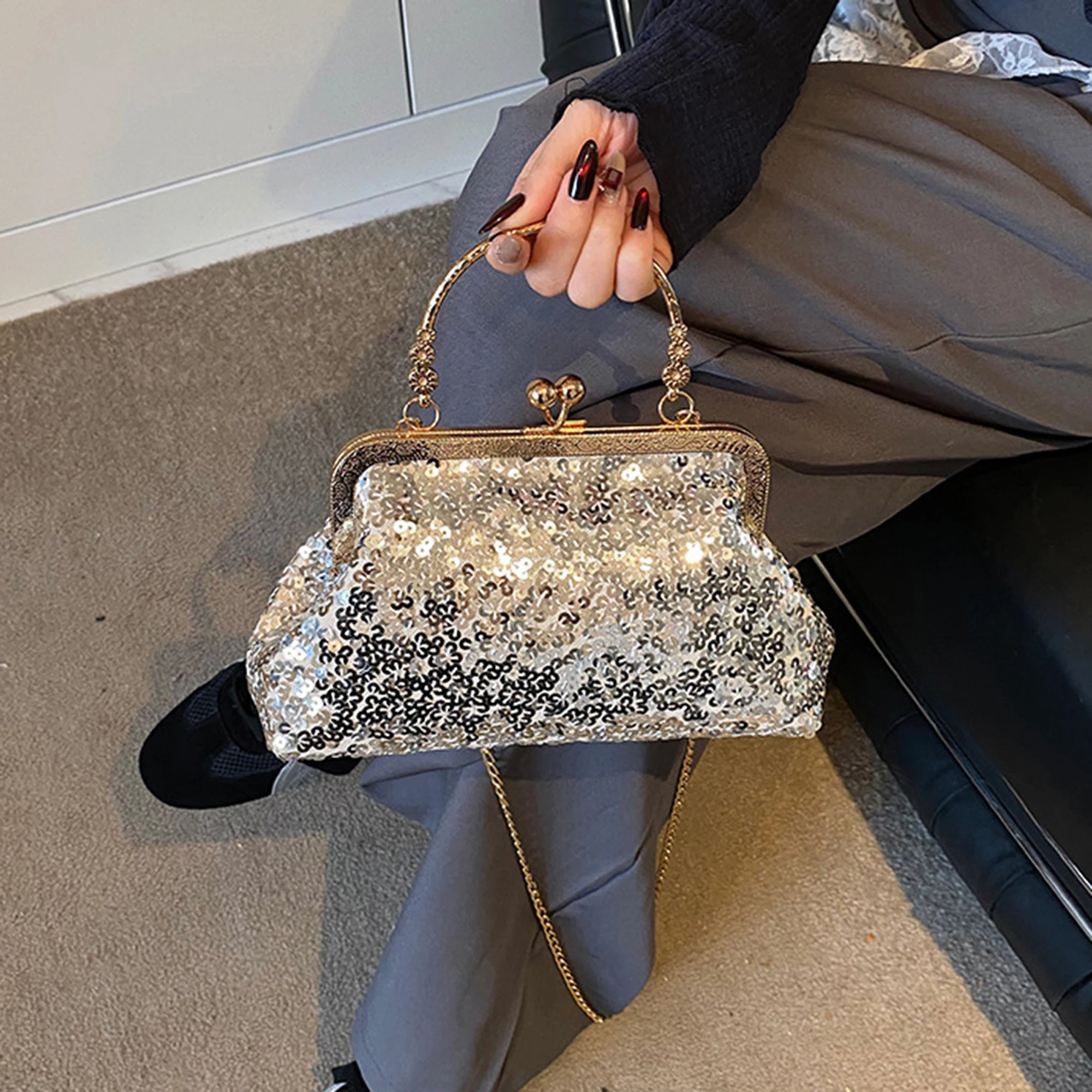 محفظة كلاتش أنيقة مزخرفة بأحجار الراين مع حزام سلسلة قابل للفصل للحفلات المسائية والمناسبات الخاصة #3