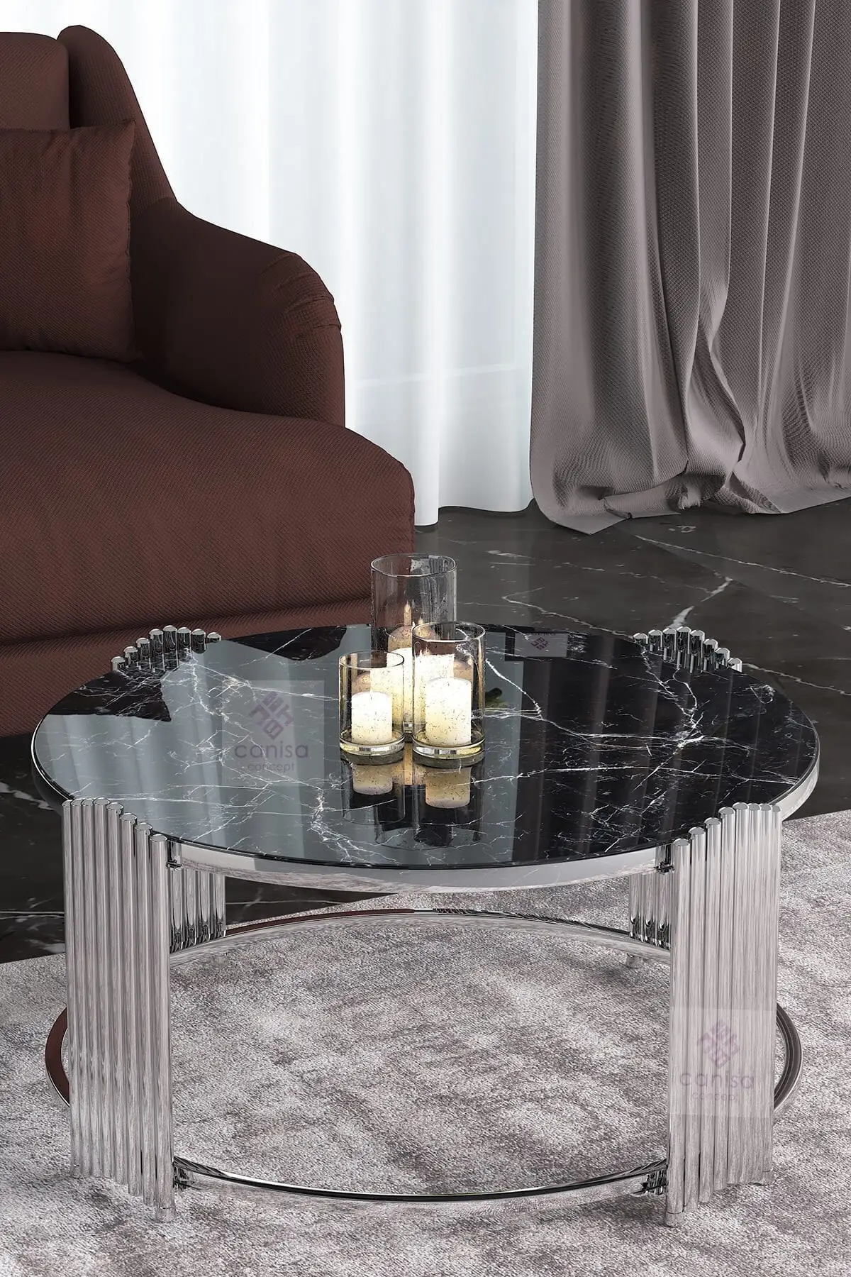 Glass Center Table Black Marble Pattern Silver coffee table