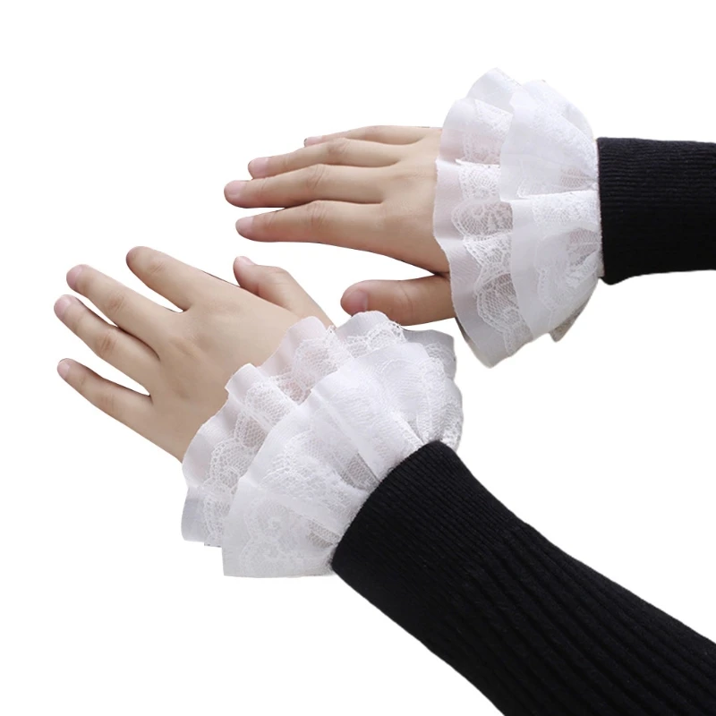 Literary Women Girls Sweet Fake Sleeves Double Layer Ruffles Lace Pleated Detachable Flared Cuffs Sweater Decorative Wrist