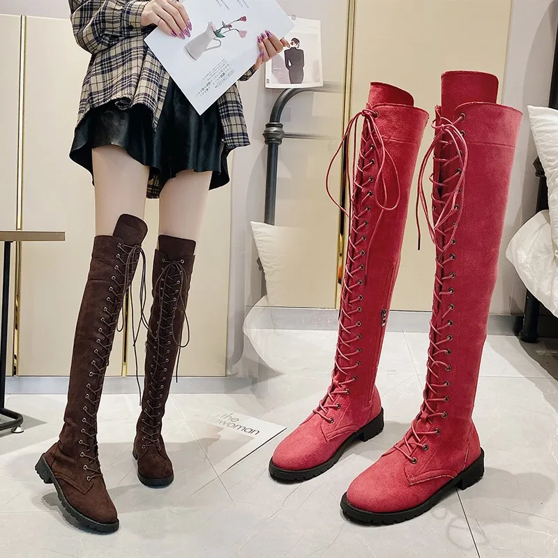 2023 Spring and Autumn New Women's British Style Knee Over Long Sleeve Front Lace Up Motorcycle Boots