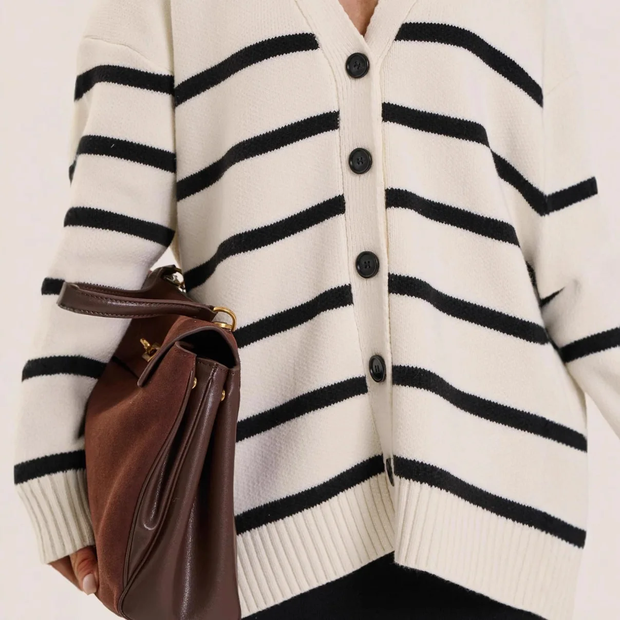 Striped Knit Cardigan Women Loose V-Neck Button Down Sweater Coat Casual Fall Winter Fashion