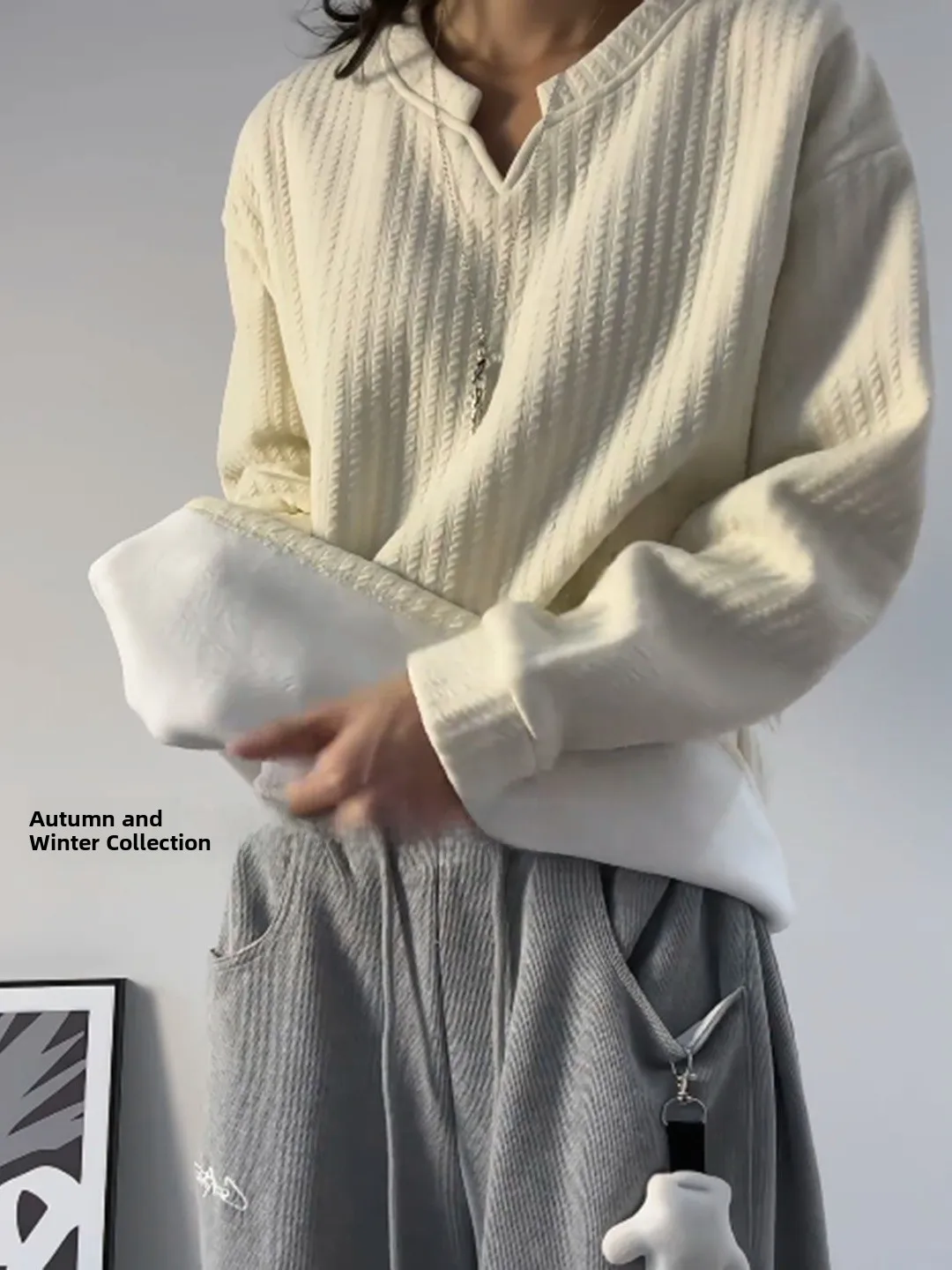 

Мужской утепленный трикотажный джемпер American Style с V-образным вырезом, свободного кроя, с длинным рукавом, в полоску, для повседневной носки