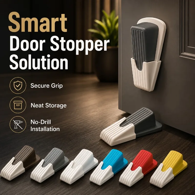 Door Wedge Stopper with Adhesive Storage Holder, Ribbed Anti-Slip Grip, Compact Door Stop for Bedroom, Bathroom and Office