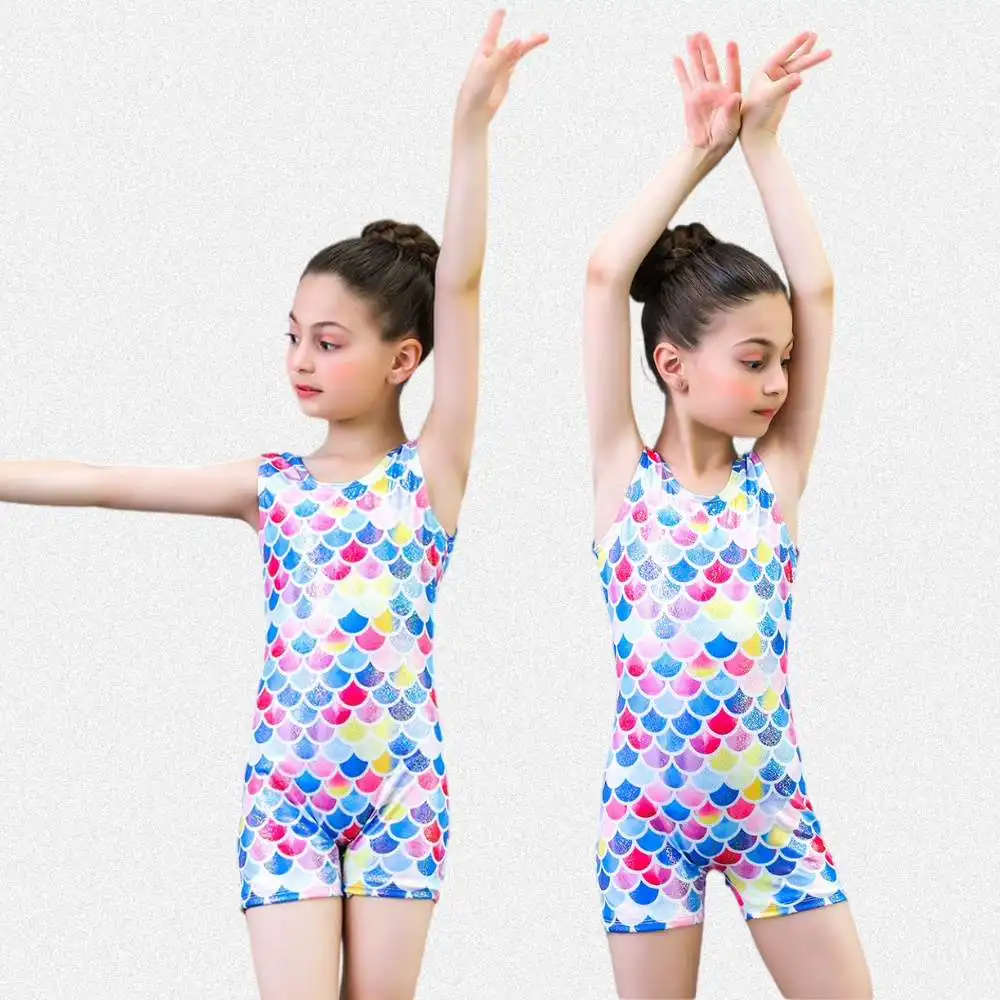 Gymnastik-Trikot für Mädchen mit Fischschuppen-Aufdruck, professioneller Übungsanzug, ärmellos, Ballett-Tanzbekleidung, Body, Performance-Kostüm