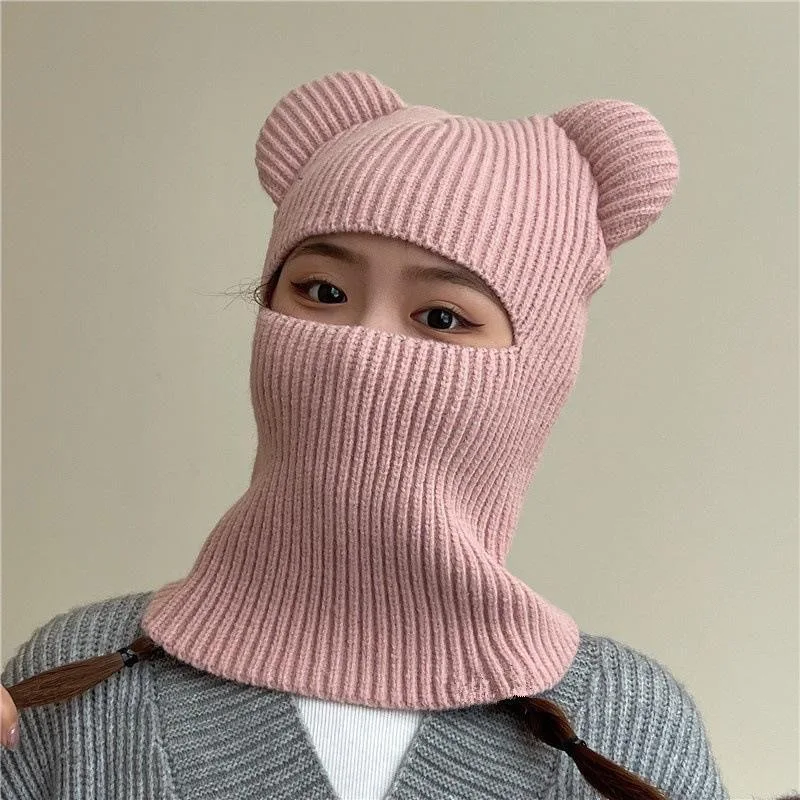 Winter Cute Warm Full Face Mask Balaclava Knit Bear Ears Beanie Hat Women Men Windproof Ski Skullies Cap