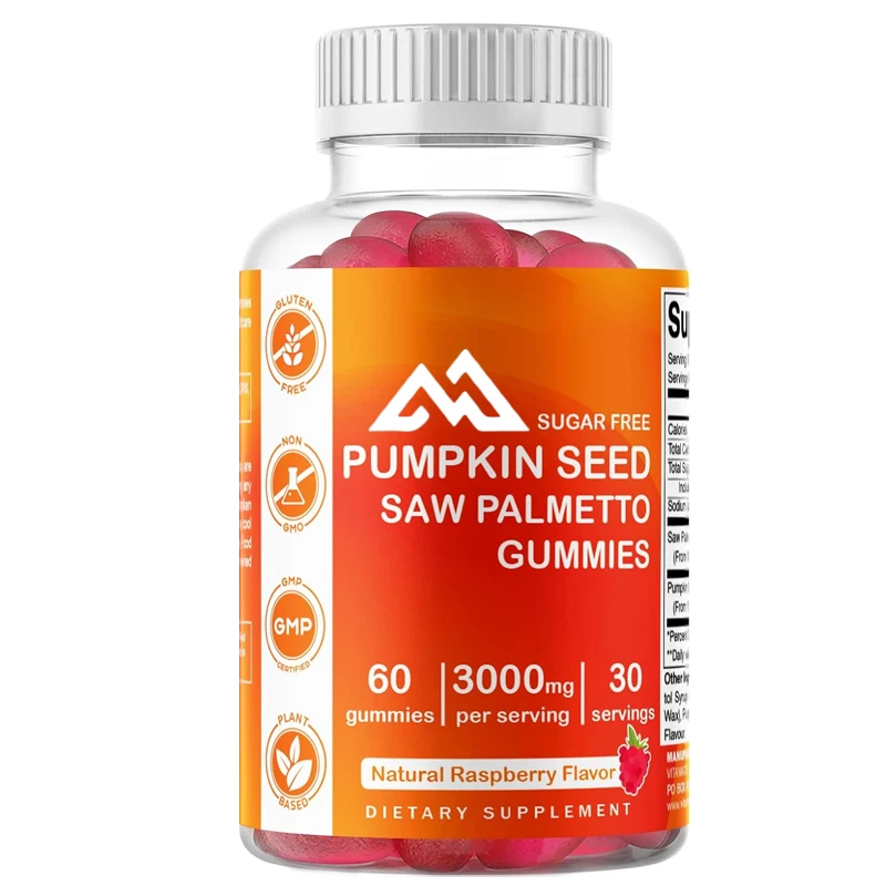 Vitamin sugar free pumpkin seed gummies, 3000 milligrams per serving, made from sawn palm, with 60 raspberry flavored capsules