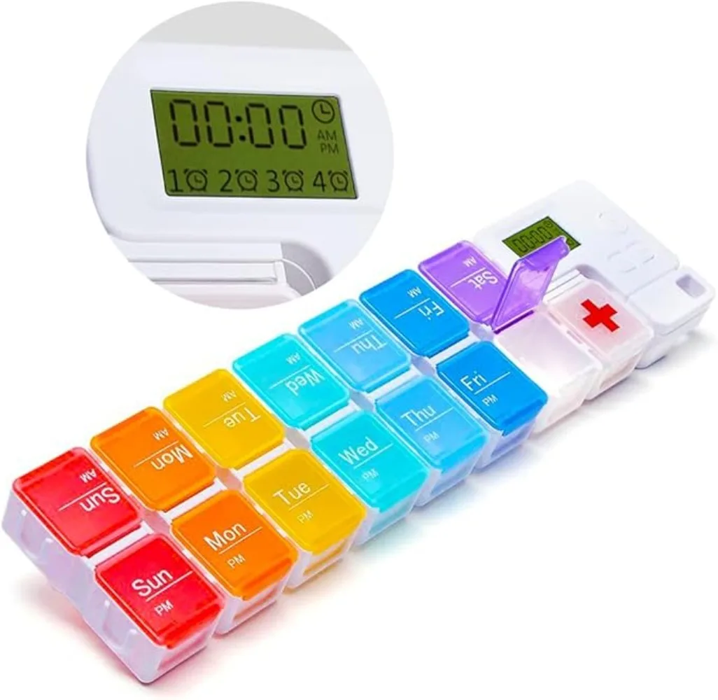 

Smart Pill Box, 7-Day Medicine Pill Organizer, 4 Reminder Alarms, AM/PM Automatic Alarm Reminder, Weekly Pill Distribution Box