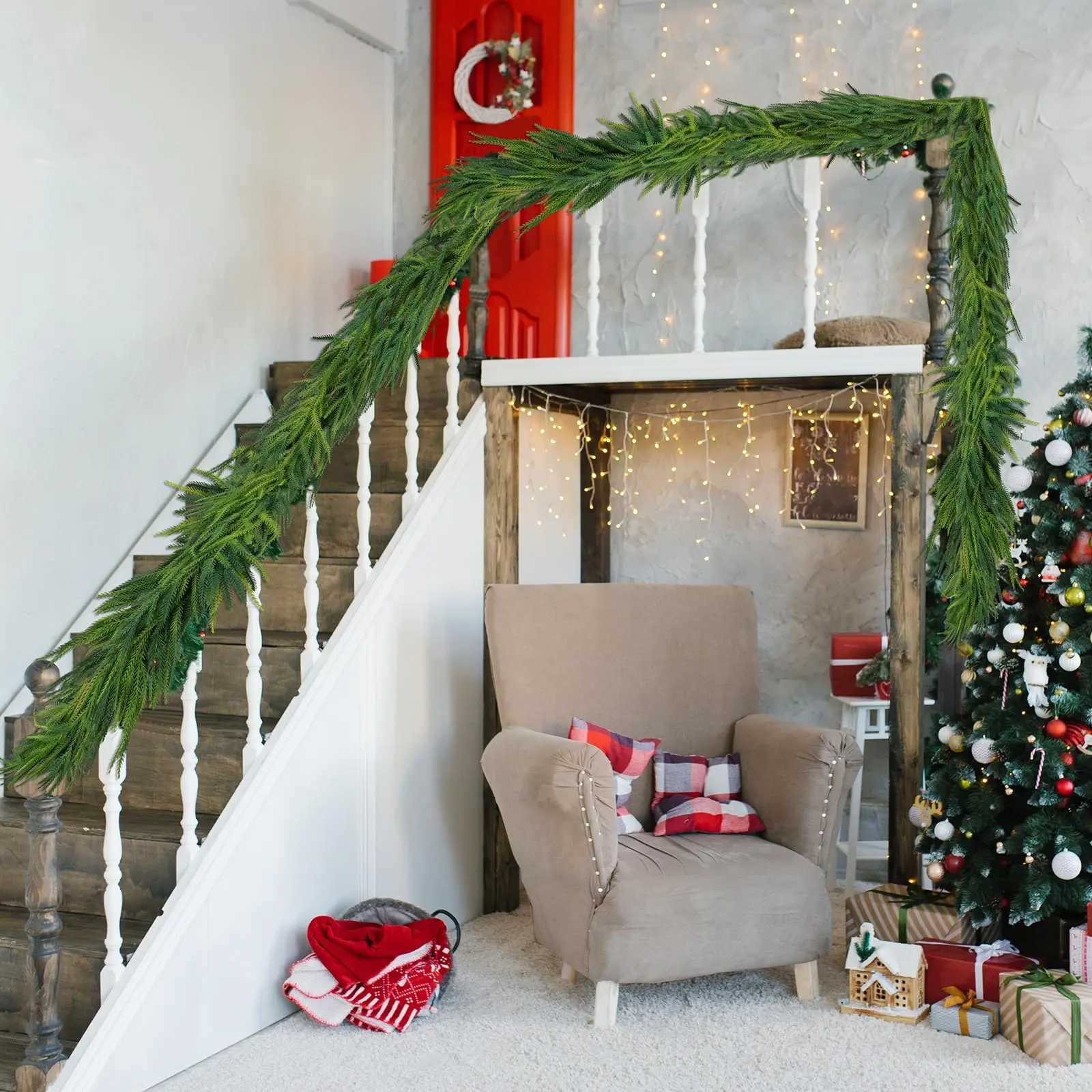 180 cm Weihnachtsgirlanden, Norfolk-Kieferngirlande, künstliche Pflanzen, künstliche Grünrebe für Zuhause, Tisch, Weihnachten, Party, Festival, Dekoration – Detail 1