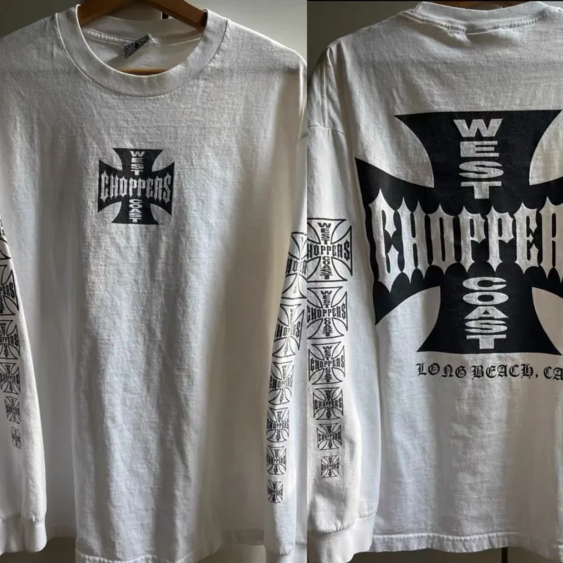 Gradient Sized Cross Logo Printed Long Sleeve West Coast Choppers Tshirts Hiphop Street Men Women Oversize White Round Neck Tops