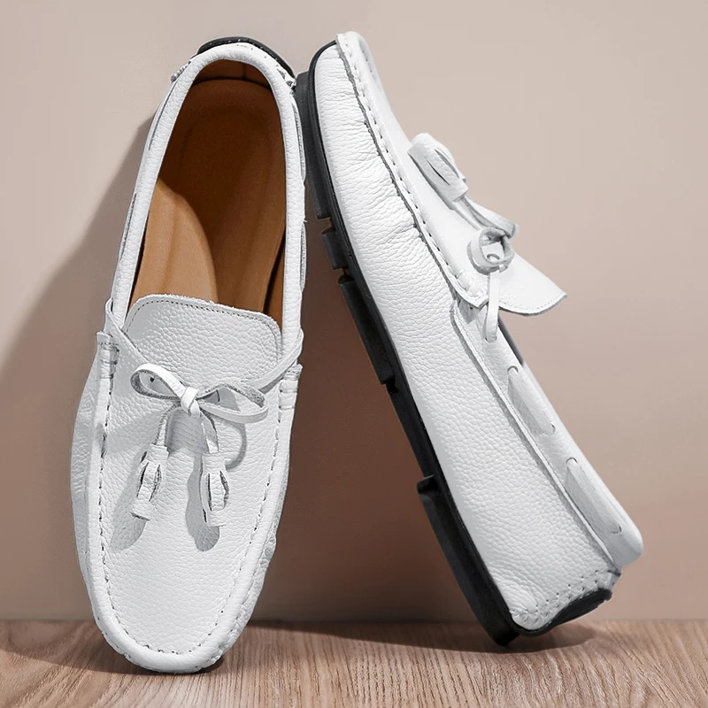 

Мужские брендовые удобные кожаные деловые туфли-лоферы с мягкой подошвой, белые, с кисточками, модные, дышащие, нескользящие, для офиса