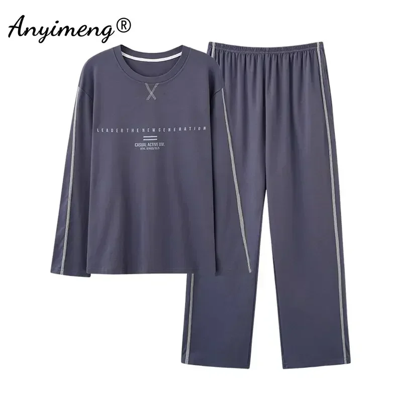 Conjunto de Pijamas de L-4XL para hombre, ropa de dormir informal de algodón tejido para otoño e invierno, Pijamas de longitud completa, Pijamas