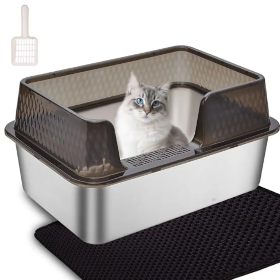 

Enclosed High Sided Metal Stainless Steel Cat Litter Box with lid Scoop and Mats for Kittens or Cats Easy Clean Transparent Bla