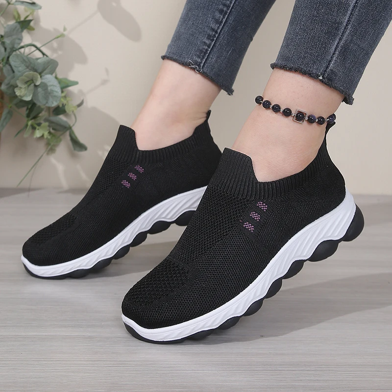 Gray Breathable Knit Mesh Slip-On Sneakers for Women, Lightweight Comfortable Shoes with Cushioned Wavy Sole view 3
