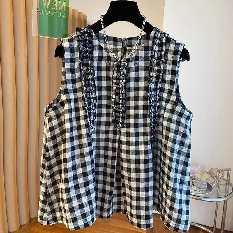 Women Sleeveless Plaid Blouse Ruffle Trim Loose A Line Babydoll Tank Shirt Summer Casual Top S XXL