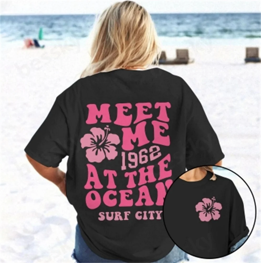 

Ladies' daily casual printed top, round neck short sleeved T-shirt, meet me 1962 at the ocean surf city