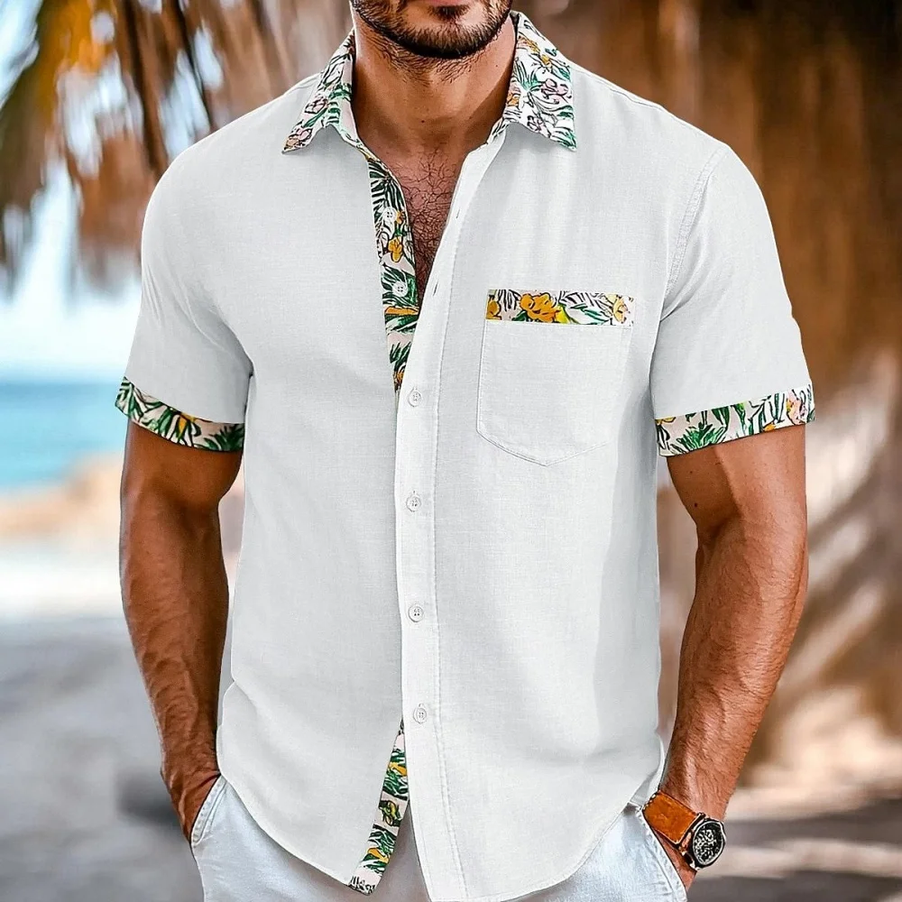 Men's Plus Size Short Sleeve Lapel Shirt with Patchwork Pocket 10 Color Printed Fashionable Designer Comfortable Shirt