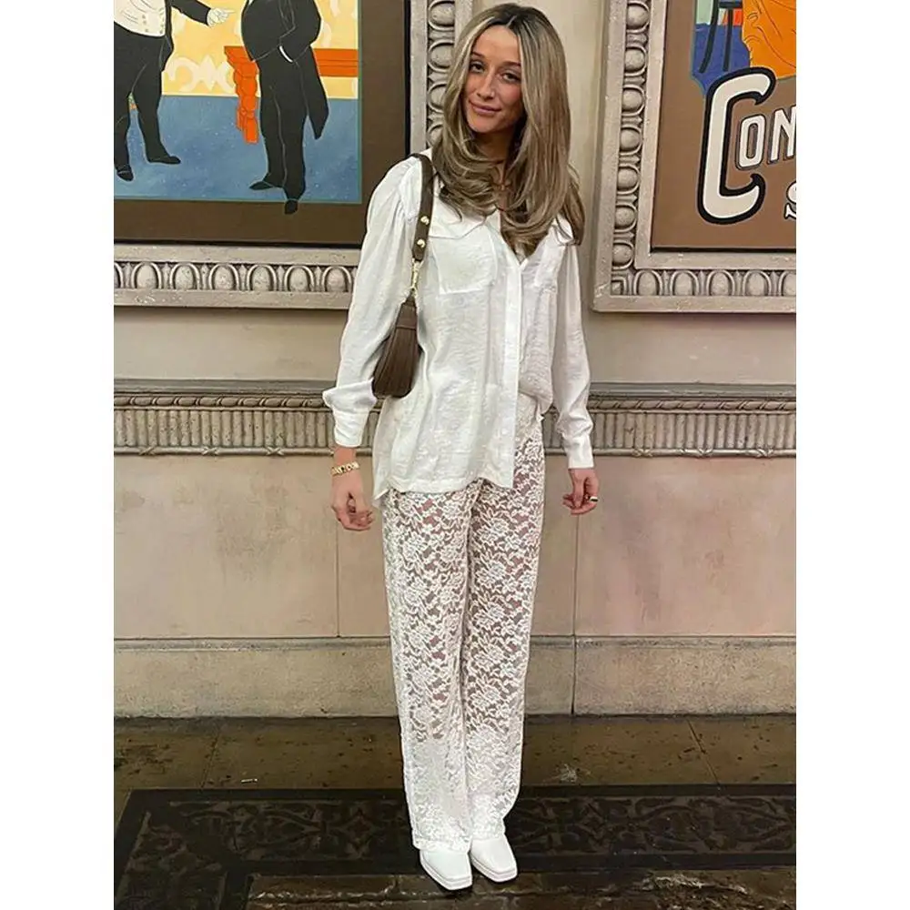 Calças Casuais de Cintura Alta com Renda Translúcida, Modelagem Slim, Estilo Street, Perna Reta Assimétrica para Mulheres de Meia-Idade, Poliéster F...