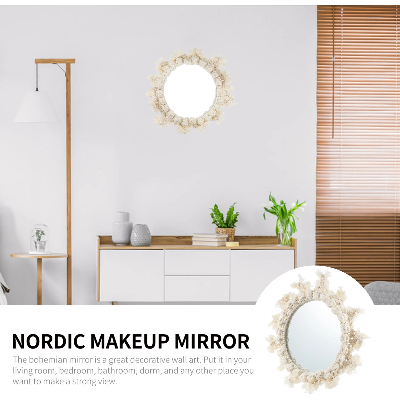 

Nordic Round Wall Hanging Mirror Hand Woven Cotton Rope Decorative Makeup Mirror For Home Bedroom Living Room Decor