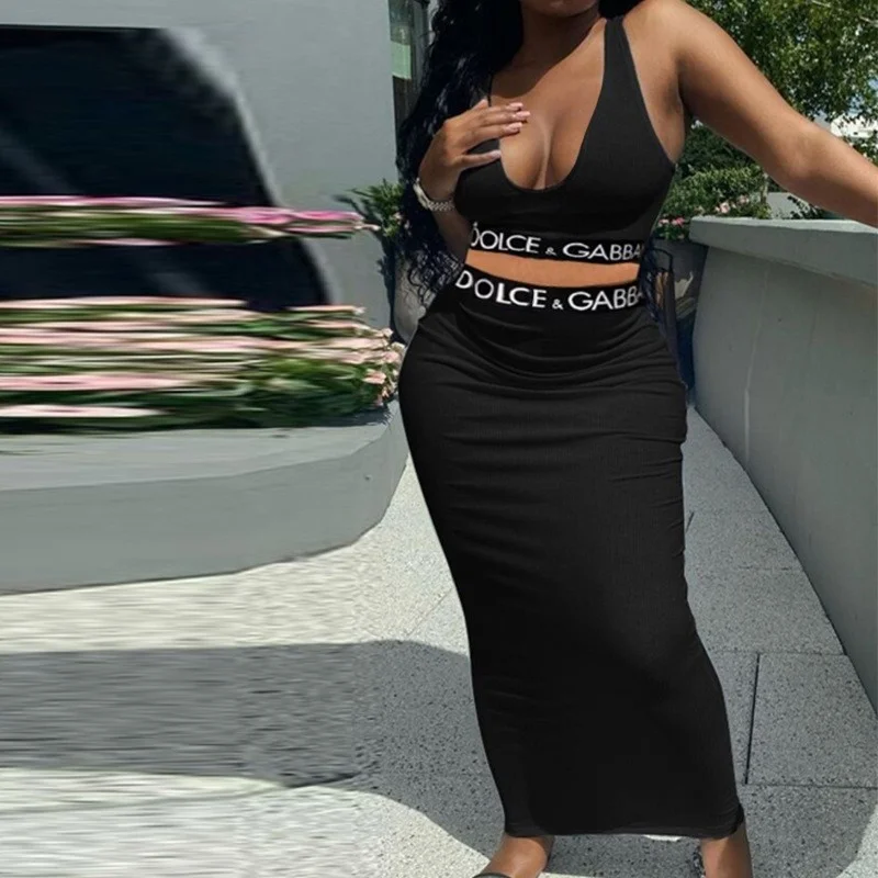 

Summer New Fashion Casual Vest High Waist Bodycon Long Skirt Letter Ribbon Casual Two-Piece Set for Women